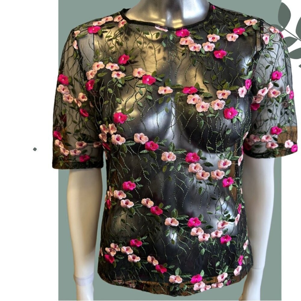 Embroidered Floral Sheer Short Sleeve Top Black Pink Green Size Small